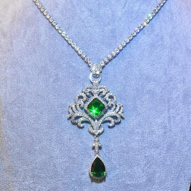 2.00Ct Lab Created Diamond Asscher Green Emerald Pendant 14K White Gold Finish