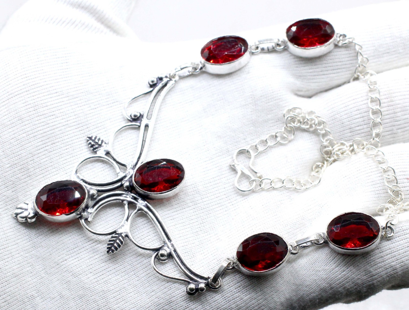 Red Garnet Gemstone Handmade 925 Sterling Silver Jewelry Necklace Size-18