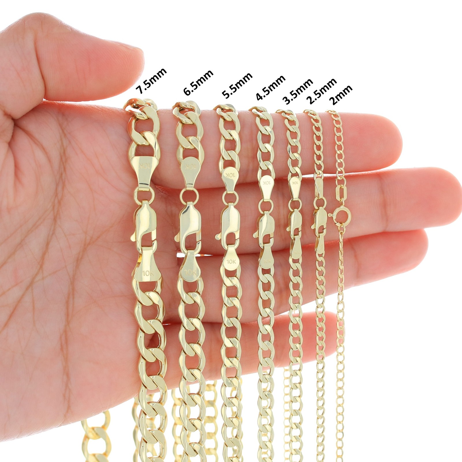 10K Yellow Gold 2mm-7.5mm Curb Cuban Chain Link Necklace or Bracelet 7″-30″