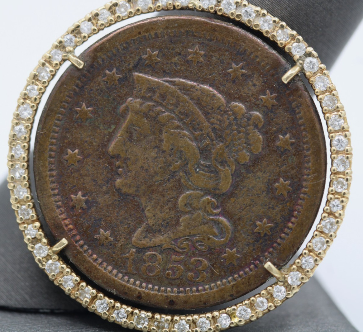1853 US Braided Hair Large One Cent w/ 0.75 TCW Diamond Coin in 14k Gold Pendant