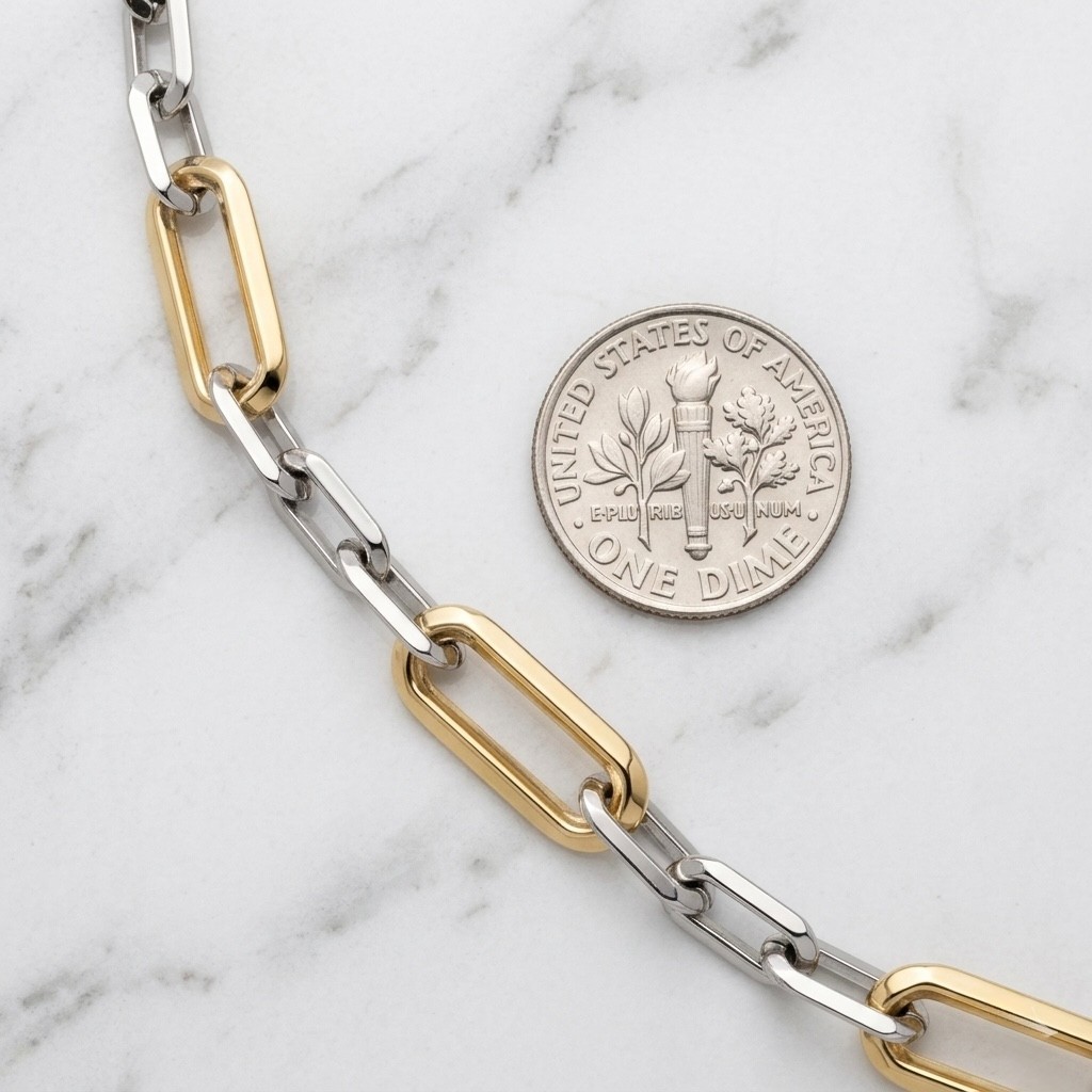 Knife Edge Paper Clip Oval Chain Necklace 14K Two-Tone Gold Plated Real Silver