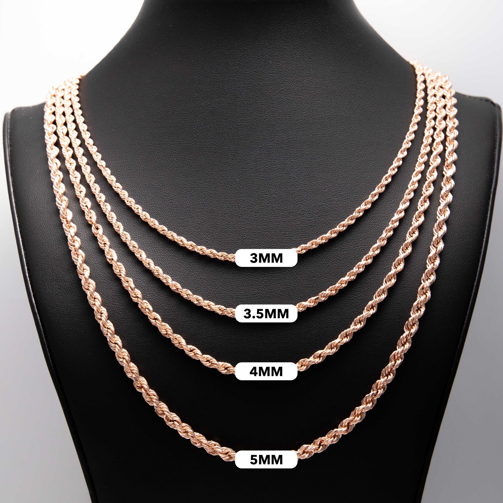 Rope Chain Necklace Real Hollow 14K Rose Gold All Sizes