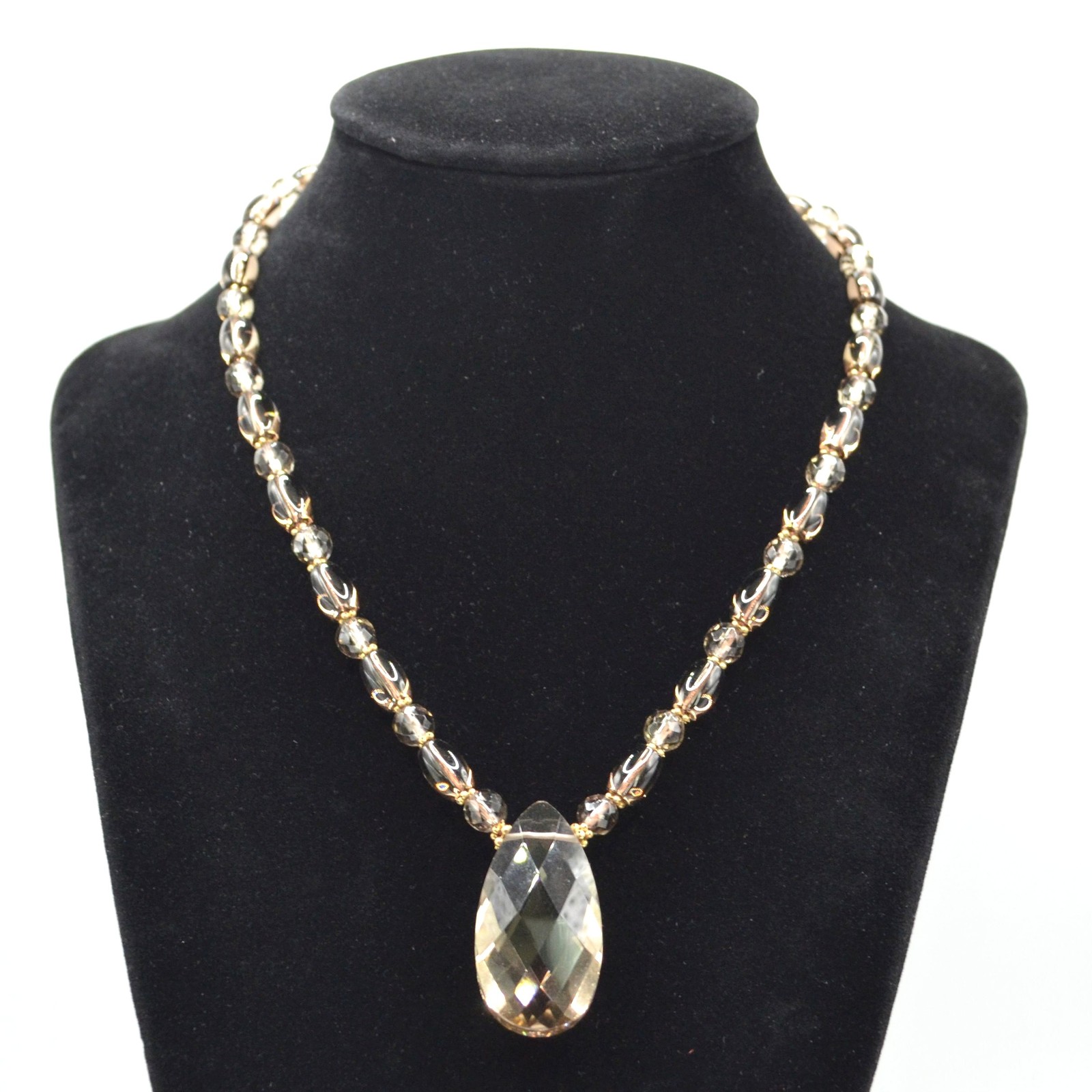 Smoky Quartz Beaded Necklace 14K Gold Clasp Faceted Teardrop Pendant 16in