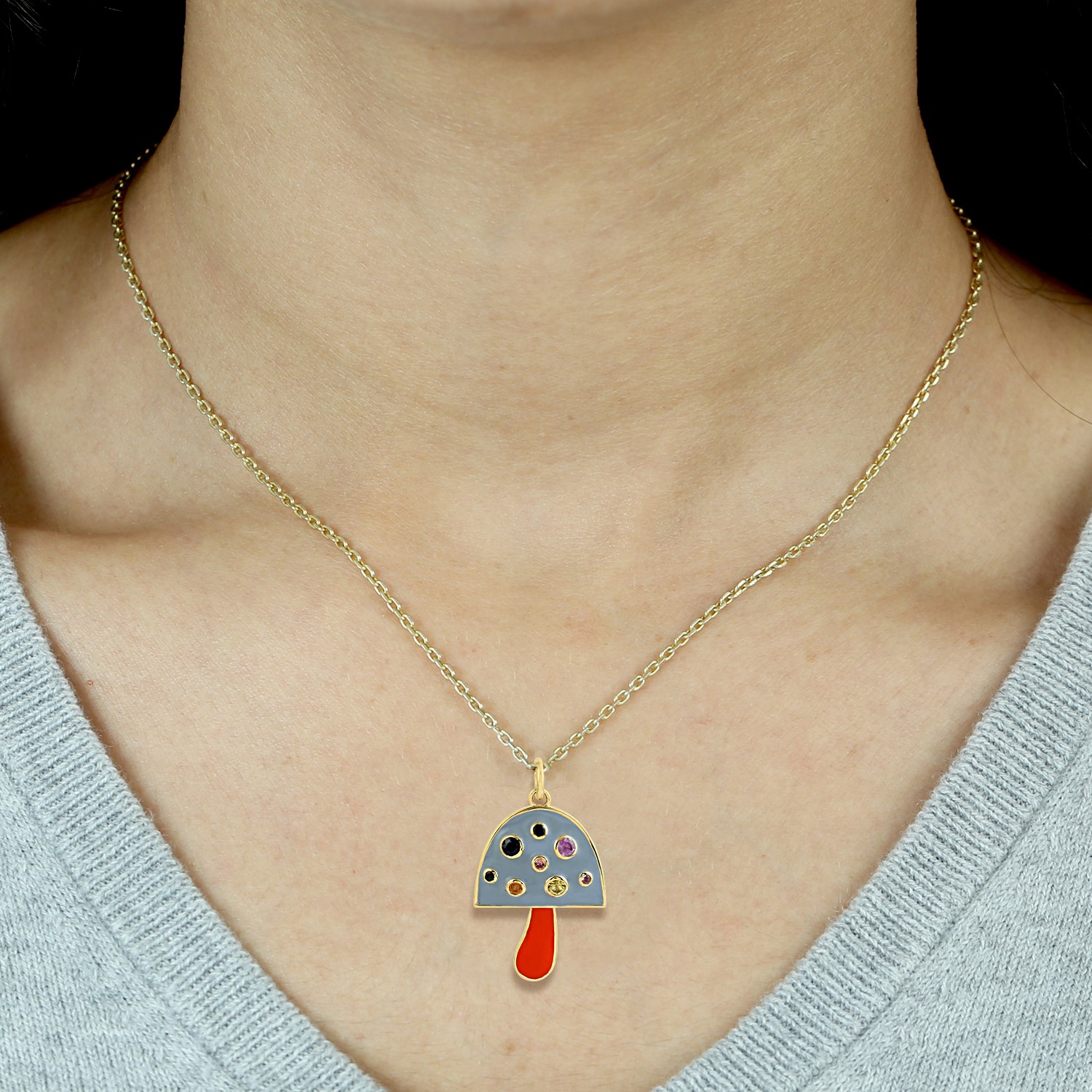 Multicolor Sapphire Gemstone With 14K Solid Yellow Gold Enamel Mushroom Pendant