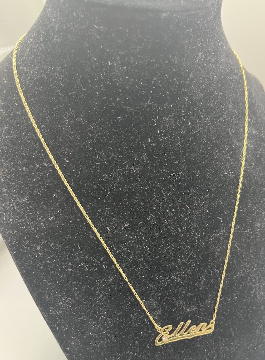 14K Solid Gold Flat Vintage Chain Necklace 18” 2 grams “Ellen” Nameplate Diamond