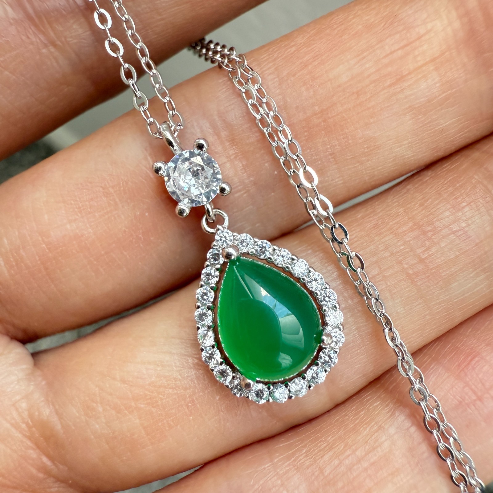 925 Sterling Silver Necklace 10x7mm Emerald Zircon Teardrop Handmade Chain Gift