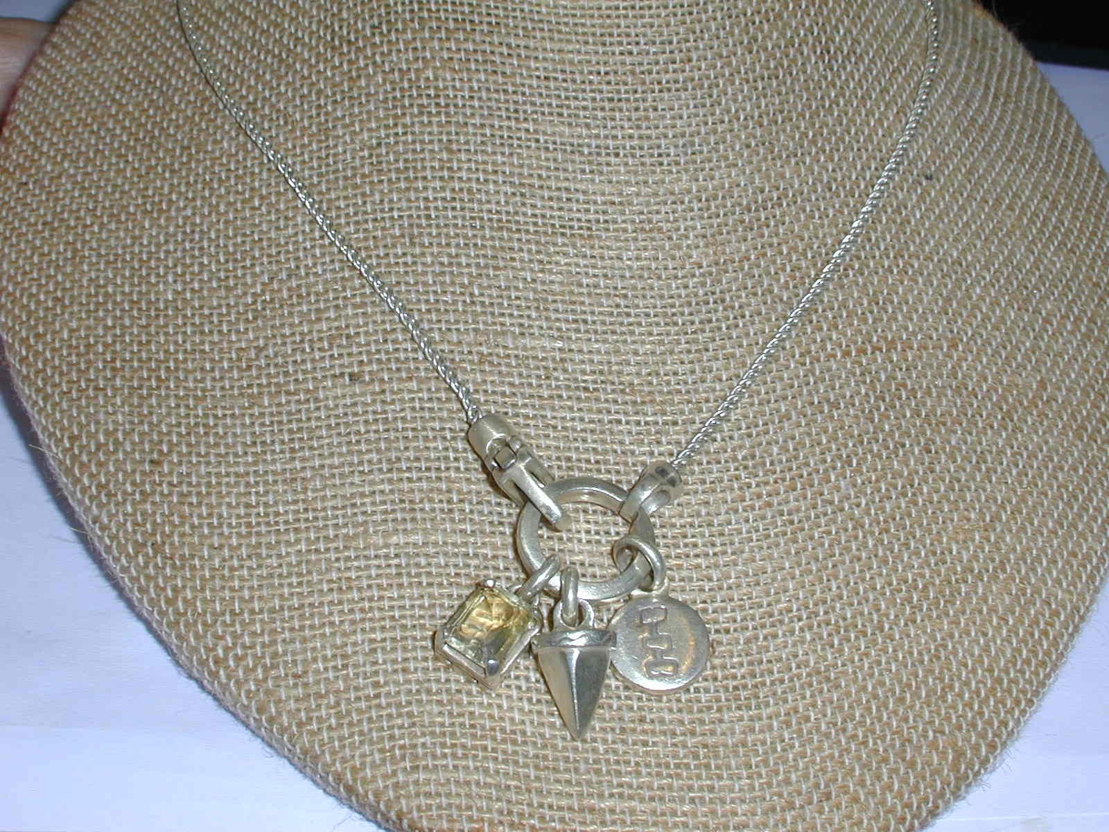 LISA JENKS MODERNIST STERLING 3 DANGLE LONG NECKLACE W/RING & CITRINE STONE- 24″