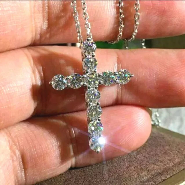 3.00 Ct Round Cut Moissanite Cross Pendant With Chain 14k White Gold Plated