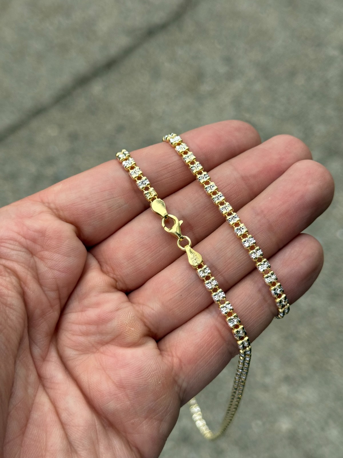 4mm 14k Yellow Gold Two-Tone Diamond-Cut Ice Link Chain 925 Sterling Silver