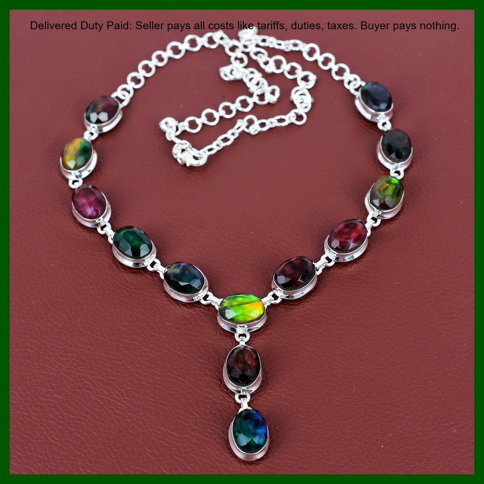 Oval Natural Ammolite 925 Sterling Silver Birthday Bezel Wife New Chain Necklace