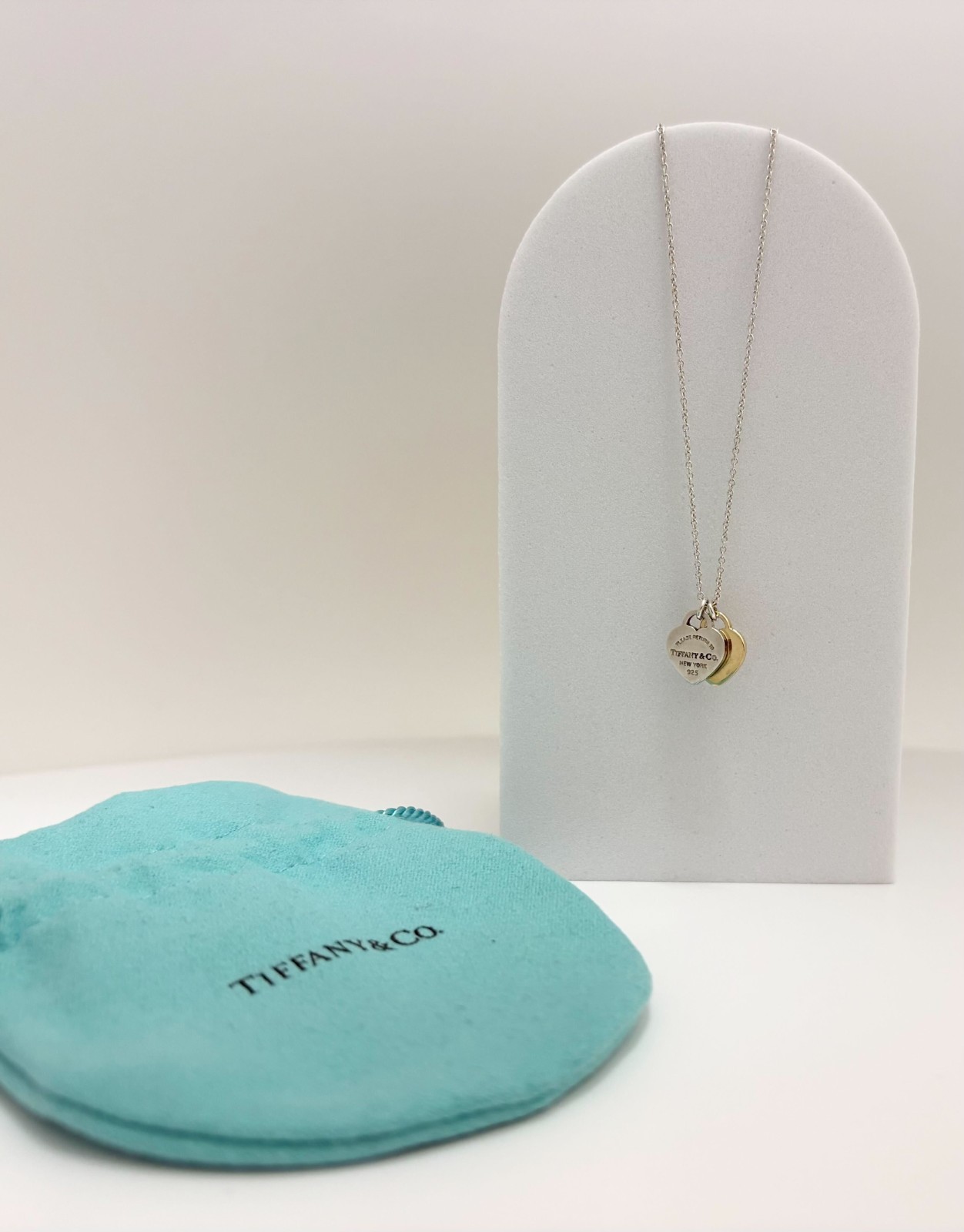 Tiffany & Co. 925 & 18k Gold Mini Double Heart Tag Necklace 18.25in