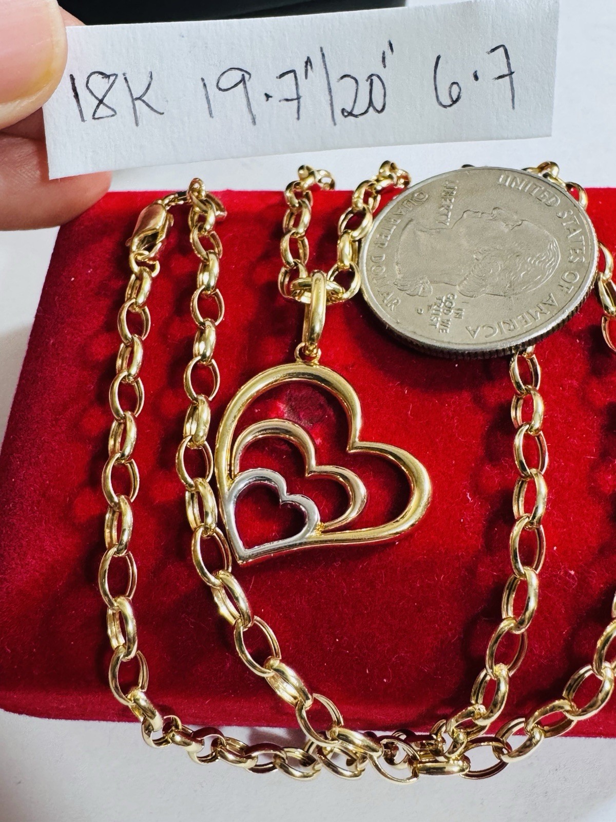 18K 750 Real Find Pure Tricolor Gold Heart Necklace 19.7/20” Inch Long 6.7g 4mm