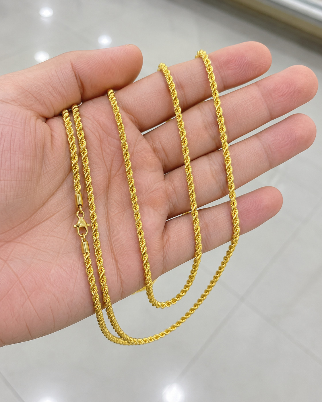 3mm Yellow Gold Plated Hollow Rope Chain Necklace for Men & Women