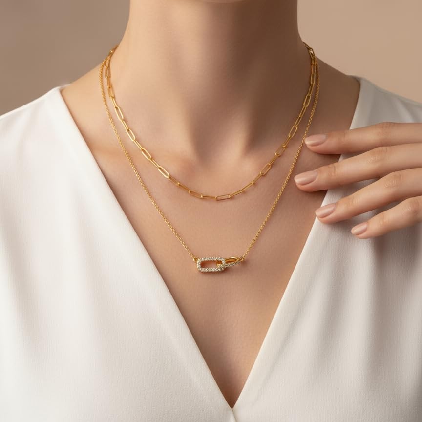 2 Pcs Gold Paperclip Necklace for Women, Layered Paper Clip Necklace Dainty Gold