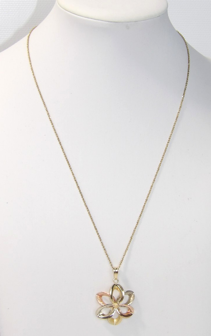 10k GCJ Yellow & Rose & White Gold Tri-Color Flower Pendant 18″ Necklace Italy