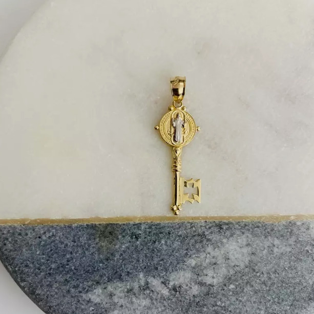 14K Gold Plated Saint Benedict Key – 1.3″ Pendant 925 Sterling Silver San Benito