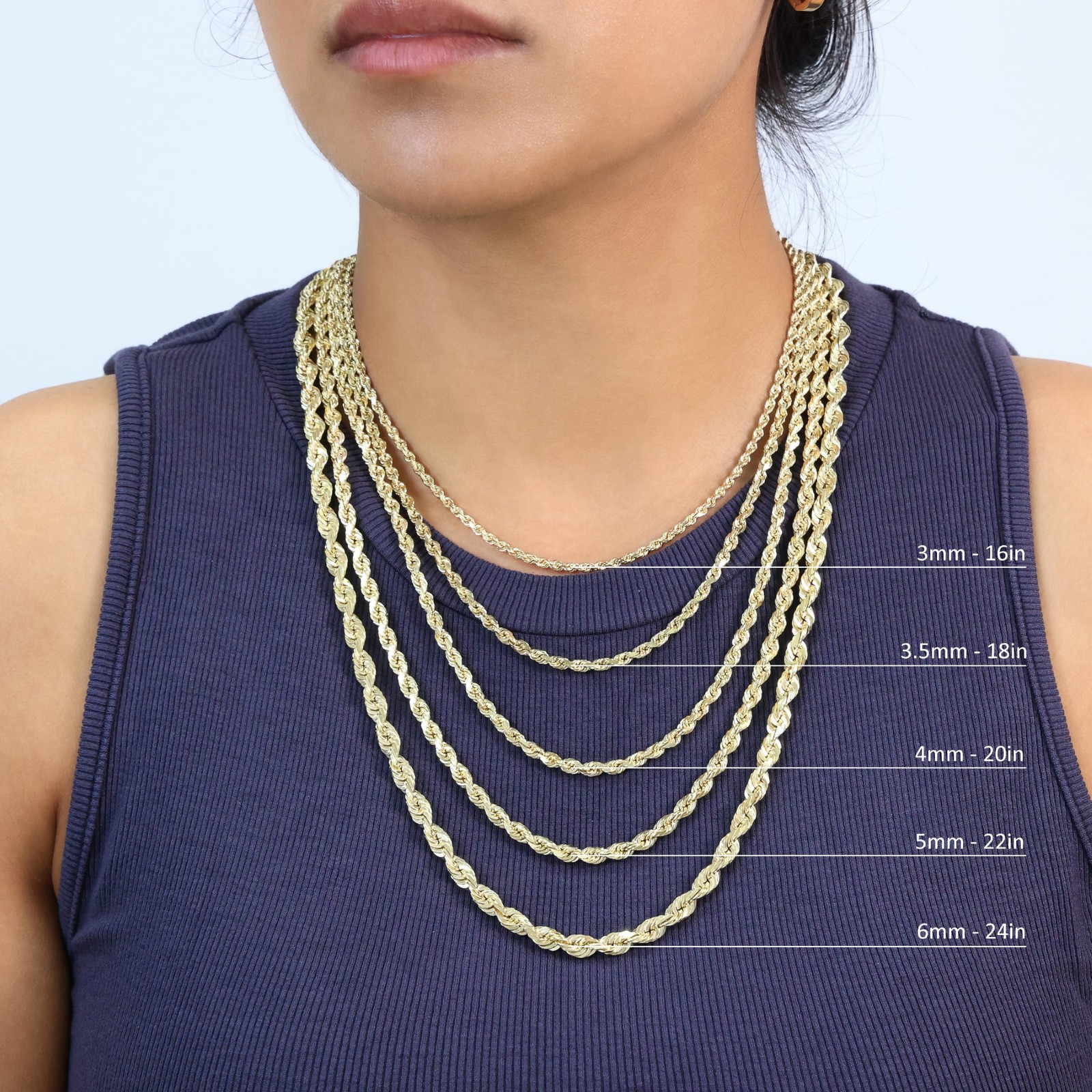 14K Yellow Gold 1mm-5mm D/C Rope Chain Link Necklace Bracelet Mens Women 7″- 30″