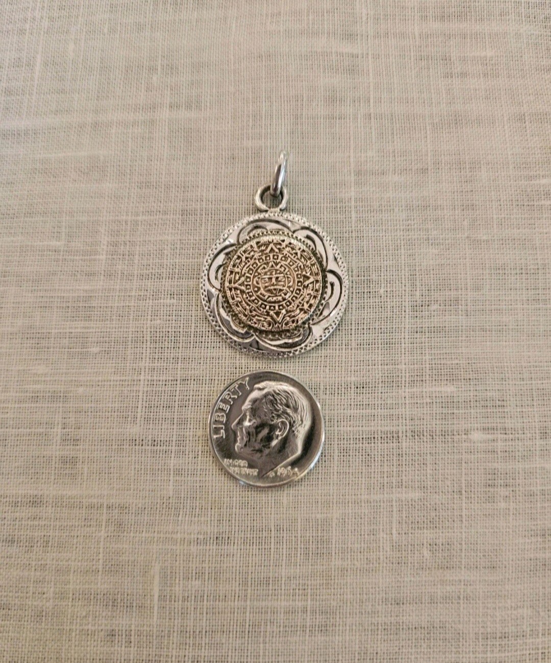 Vintage Mexico Mixed Metal 10k Gold Sterling Silver Aztec Mayan Calendar Pendant