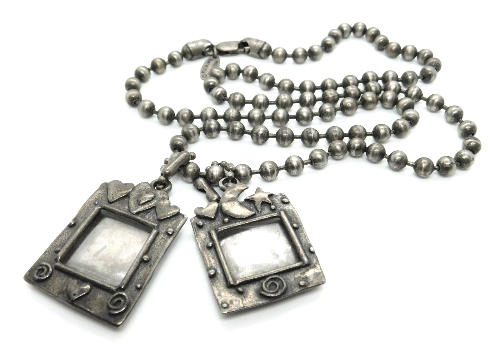 Michele Baratta 925 Sterling Wishing & Hearts Photo Frame Pendants Bead Necklace