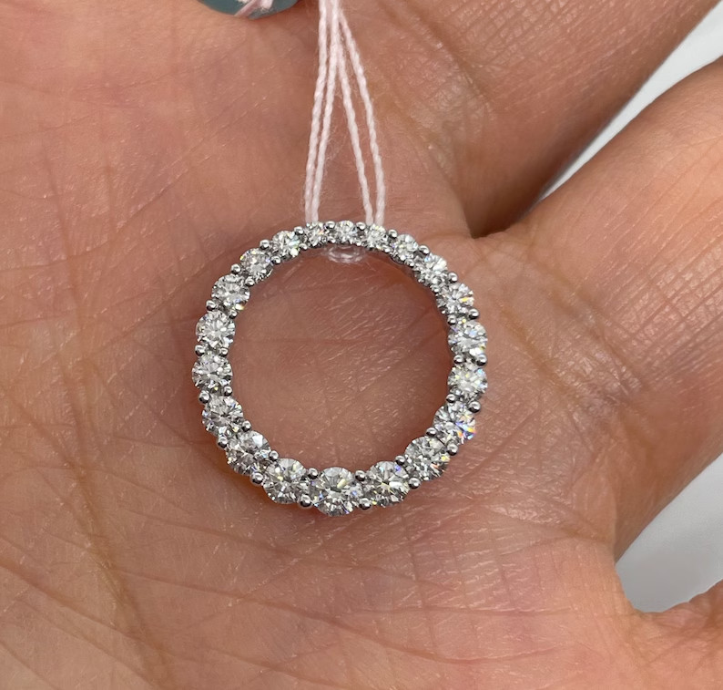 1Ct Round Cut Real Moissanite Circle Women’s Charm Pendant 14K White Gold Plated