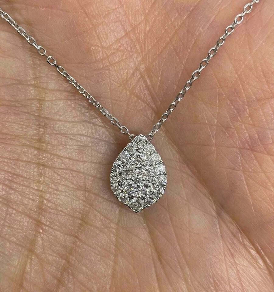 1Ct Round Cut VVS1/D Diamond Teardrop Pendant 18K White Gold Finish Free Chain