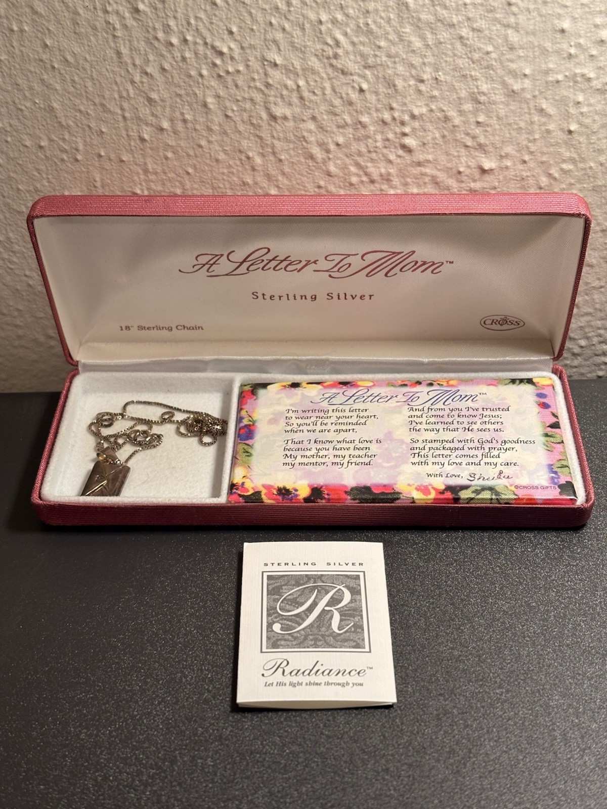 VTG Letter To Mom Sterling Silver Pendant Necklace Original Box Cross Brand 18”