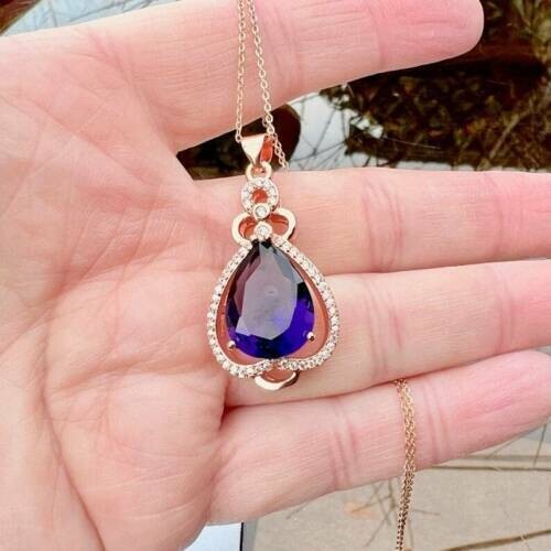 5Ct Pear Cut Amethyst Diamond Teardrop Pendant 14K Rose Gold Finish Free Chain