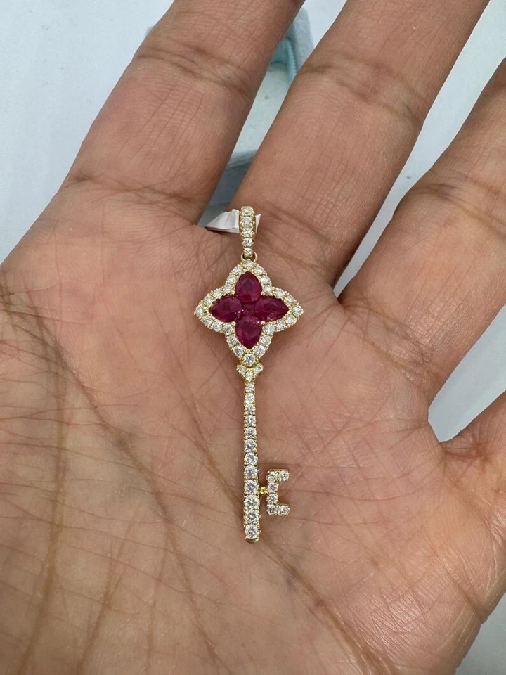 1.60CT Pear Cut Lab-Created Red Ruby Women’s Key Pendant 14K Yellow Gold Plated