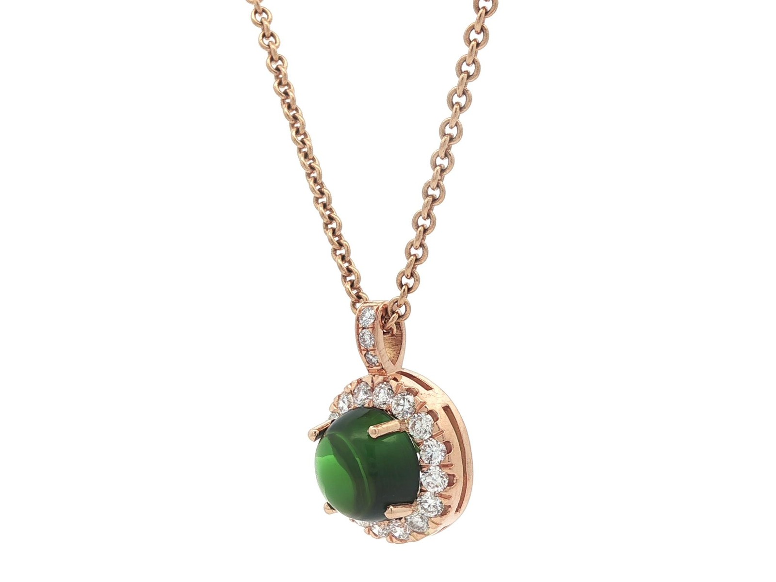 Rosy Yellow Gold High Quality Green Tourmaline Diamond Halo Pendant Necklace