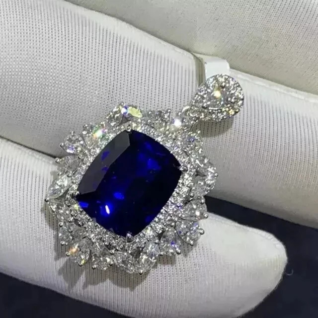 3.00 CT Cushion Cut Lab-Created Blue Sapphire Halo Pendant 14K White Gold Over