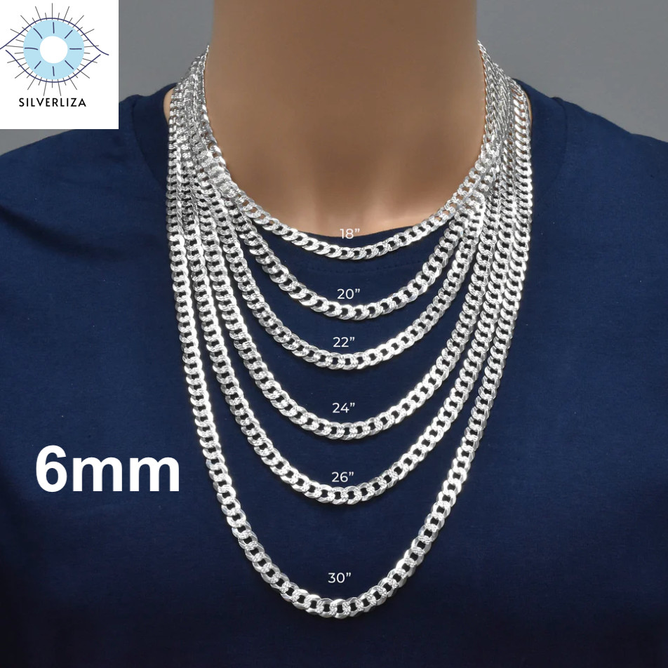 Real 925 Sterling Silver Mens Diamond Cut Curb Cuban Chain Bracelet or Necklace
