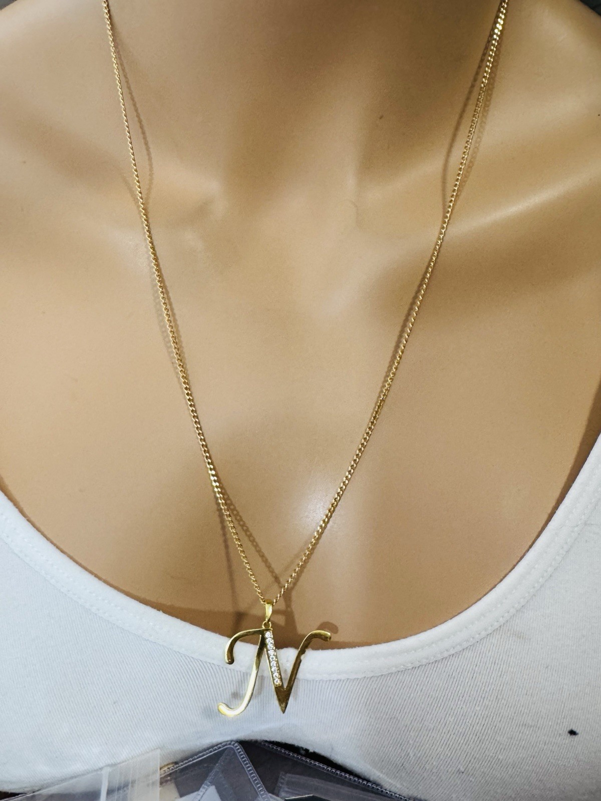18K 750 Real Fine Gold Men Women’s Letter N Set Necklace 23.5/24” long 7.9g 2mm