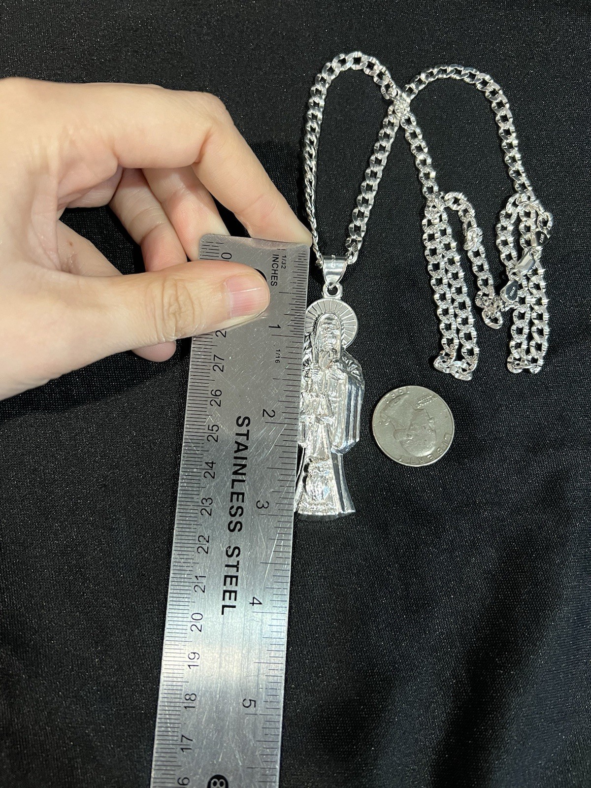 925 Sterling Silver Mens Big Santa Muerte Grim Reaper & Deck Curb Chain 22 26 30