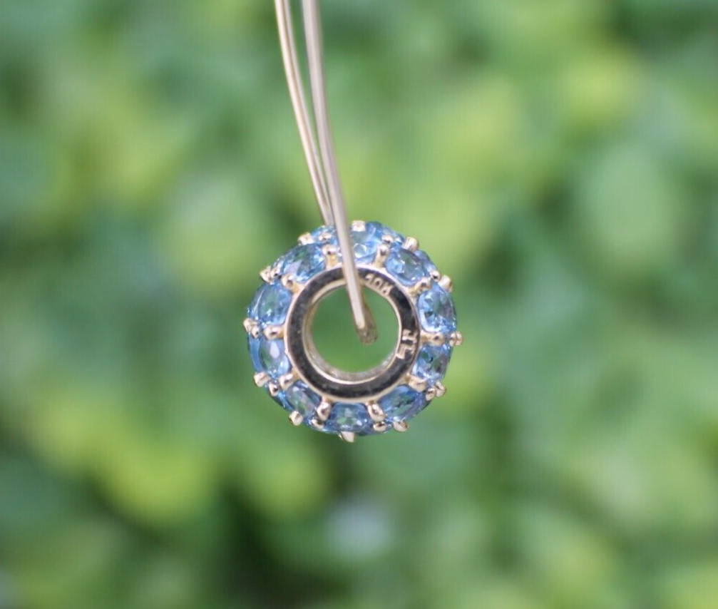 Solid 10K Yellow Gold Pave Bead Blue Topaz Pendant Slide Loads of Sparkle