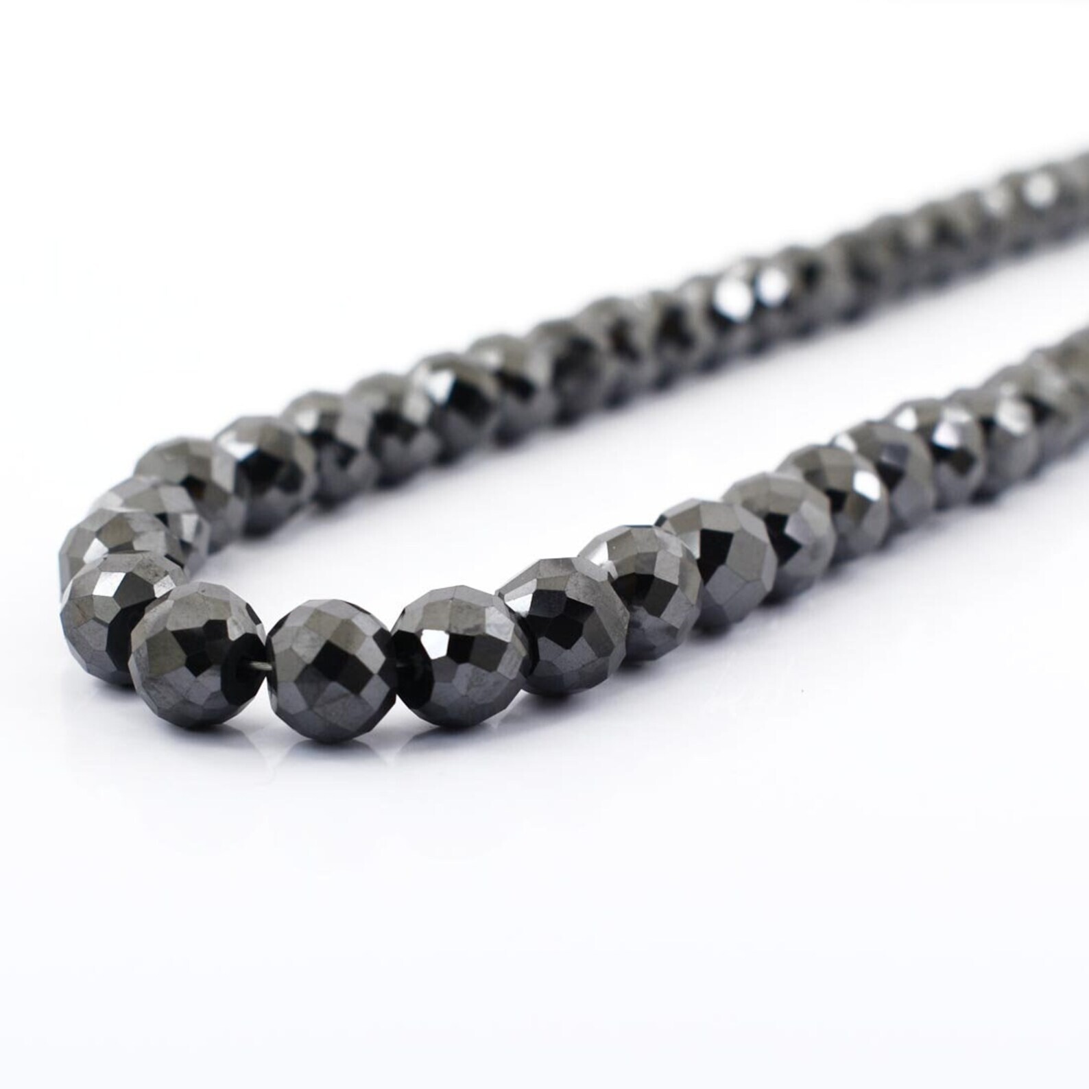 Certified 8.5mm Natural Black Faceted Beads Diamond Necklace 925 Silver 18 Inch