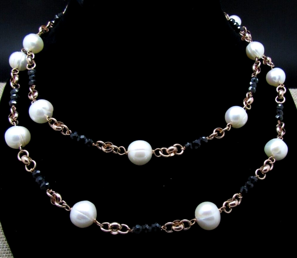 HONORA WHITE PEARL & BLACK BEAD NECKLACE BRONZE MILOR ITALY NEW IN BOX