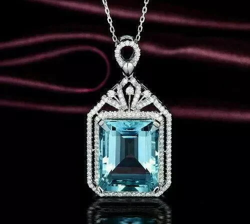 5.50Ct Emerald Cut Aquamarine Halo Pendant 14K White Gold Finish Free Chain