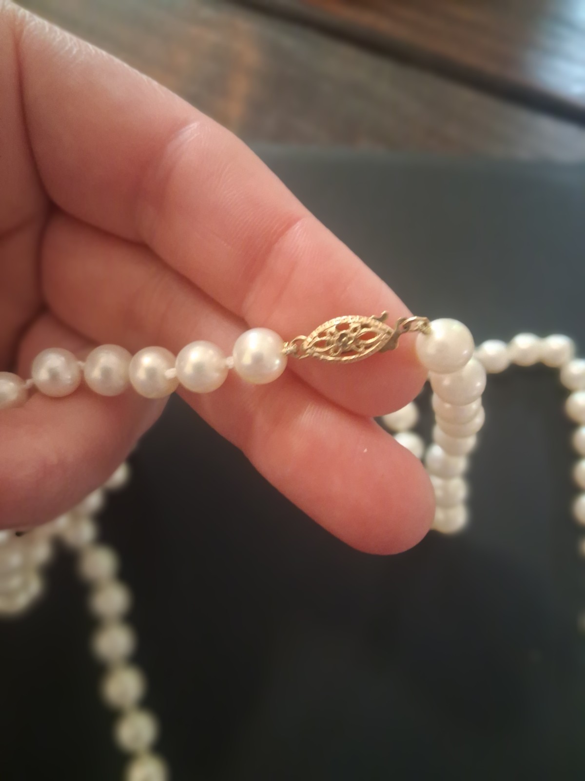 Vintage Cultured Pearl Necklace 14k Yellow Gold Filigree Clasp Knotted 24 Inches