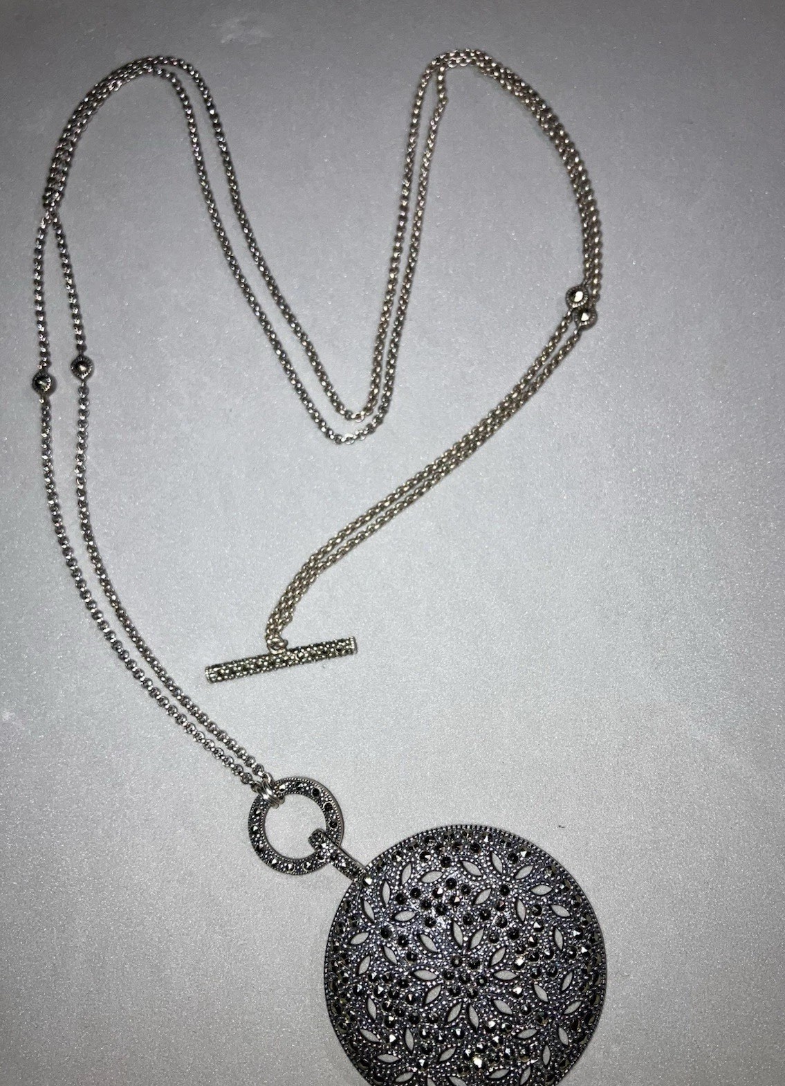 Vintage Judith Jack $285 Sterling Silver 925 Marcasite Dome Pendant Necklace 36”