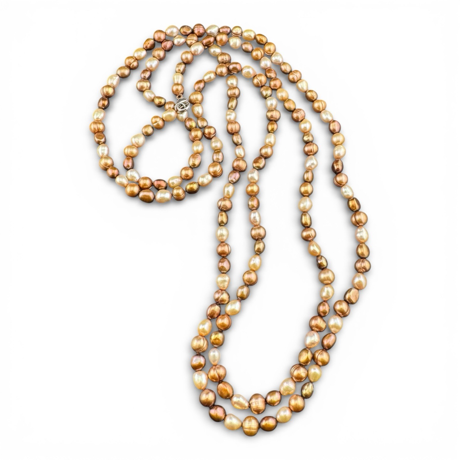 Honora Freshwater Pearl Brown Cream Color Beaded Necklace w 925 Silver Clasp-43”