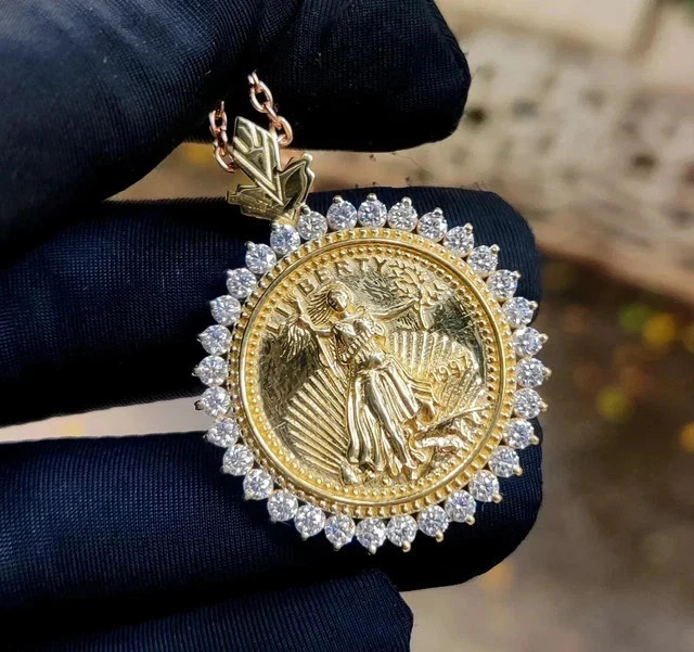 2.70Ct Round Simulated Diamond Liberty Coin Pendant 14K Yellow Gold Plated