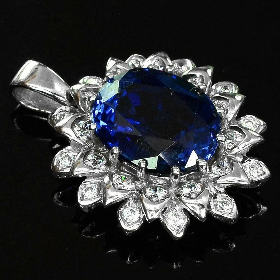 7.40Ct Oval Cut Natural Blue Sapphire & Diamond 14K White Gold Luxurious Pendant