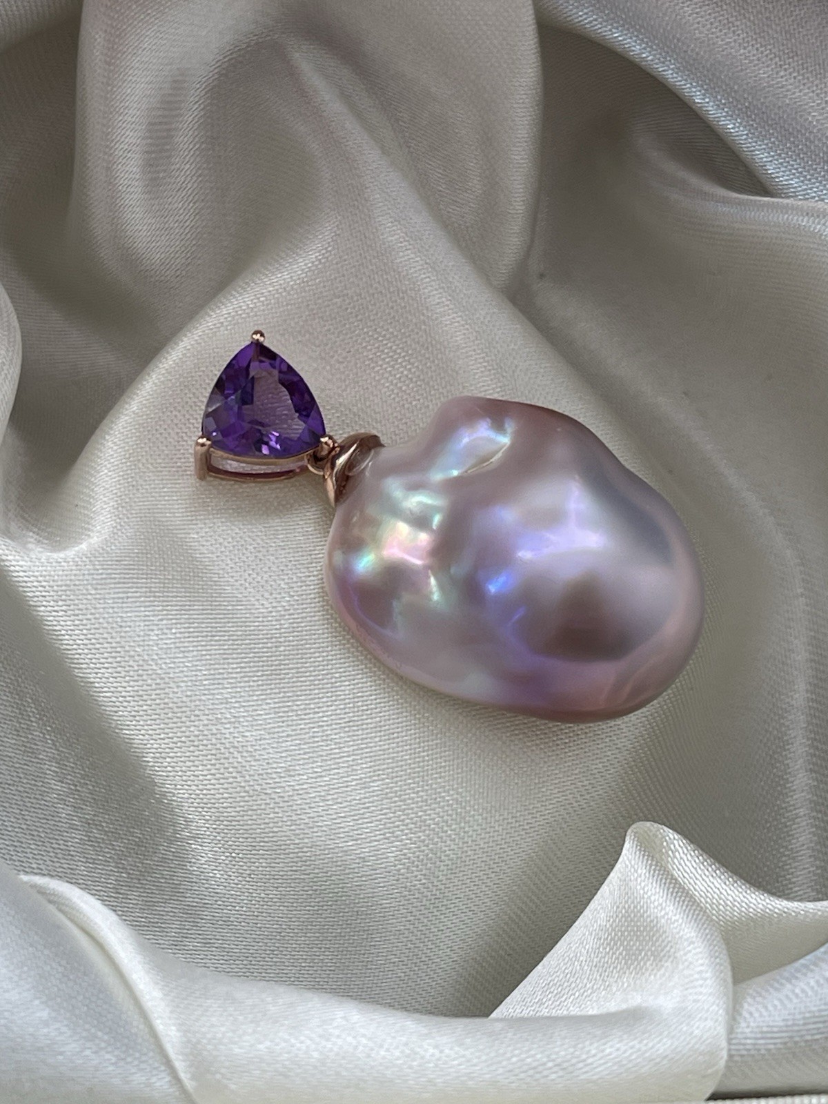 New 9ct Rose Gold Genuine Natural Colored Baroque Pearl Pendant With Amethyst