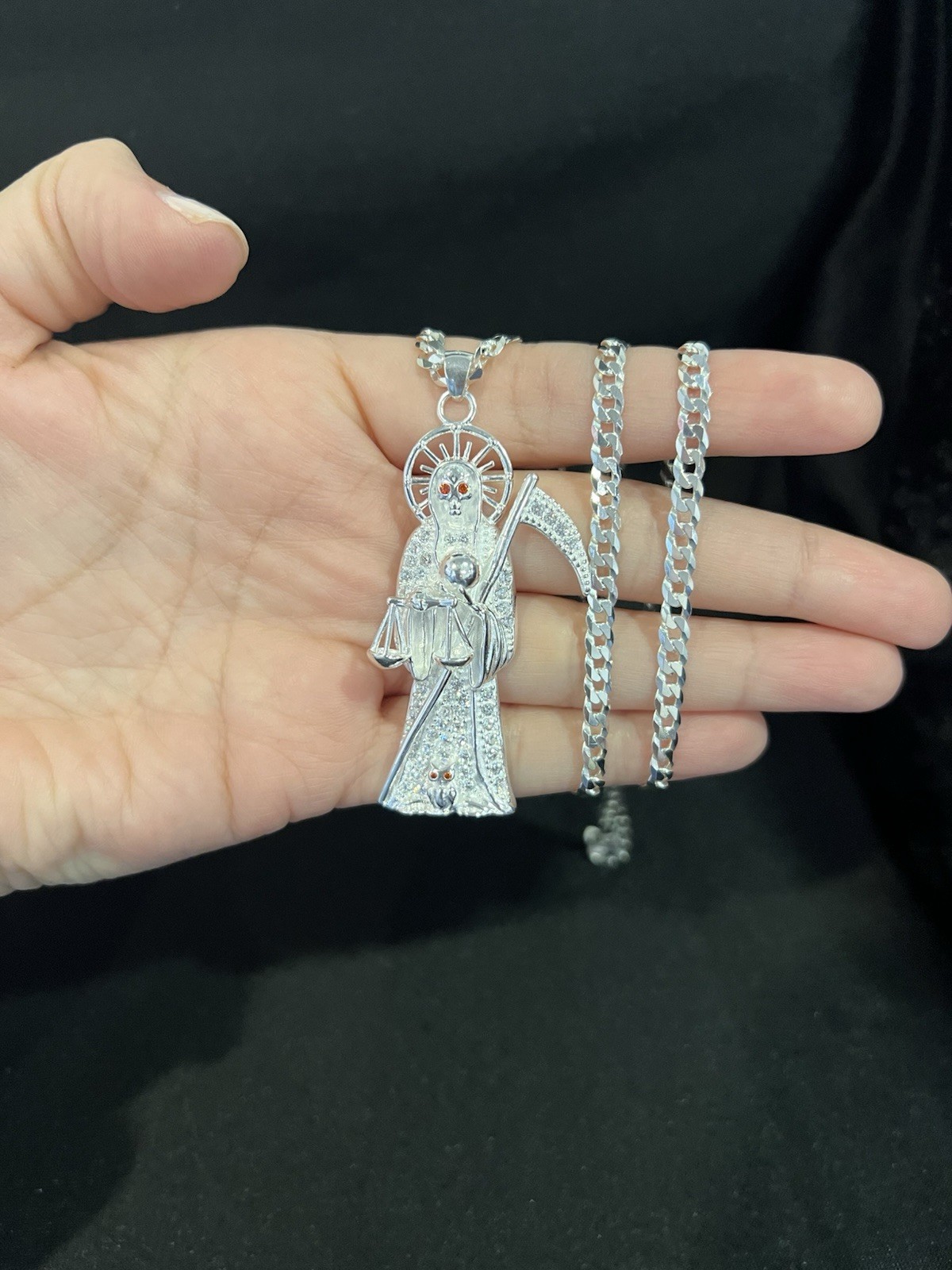 925 Sterling Silver Men Big CZ Santa Muerte Grim Reaper & Curb Chain 20 26 30