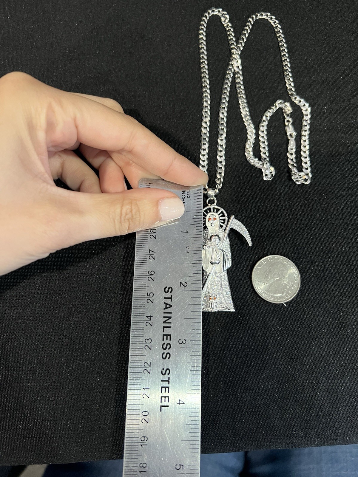 925 Sterling Silver Men Big CZ Santa Muerte Grim Reaper & Curb Chain 20 26 30