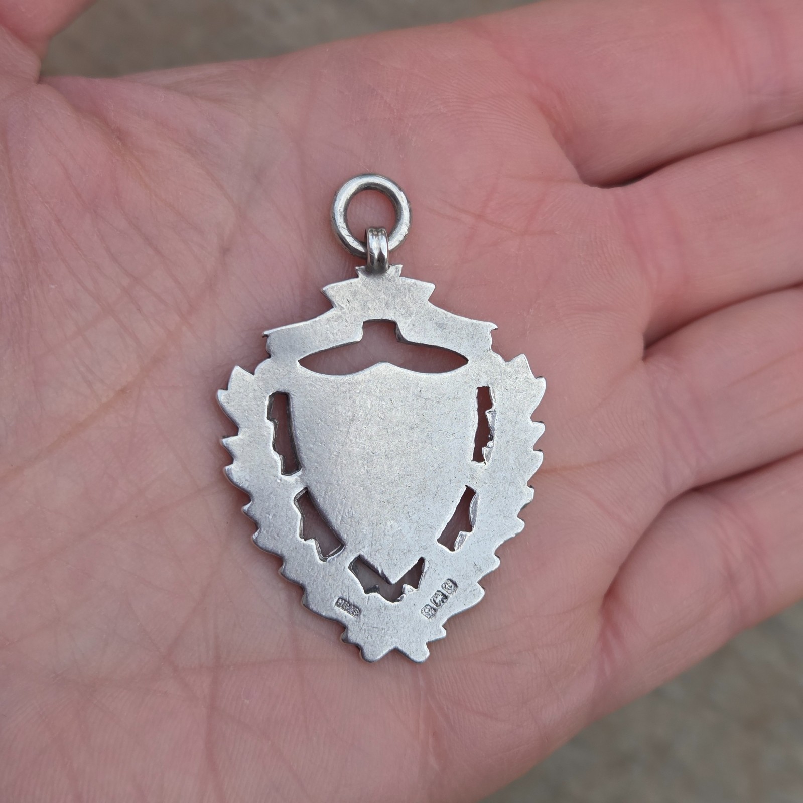 Antique 1918 English HM Solid Sterling Silver Shield Watch Fob Medal Pendant