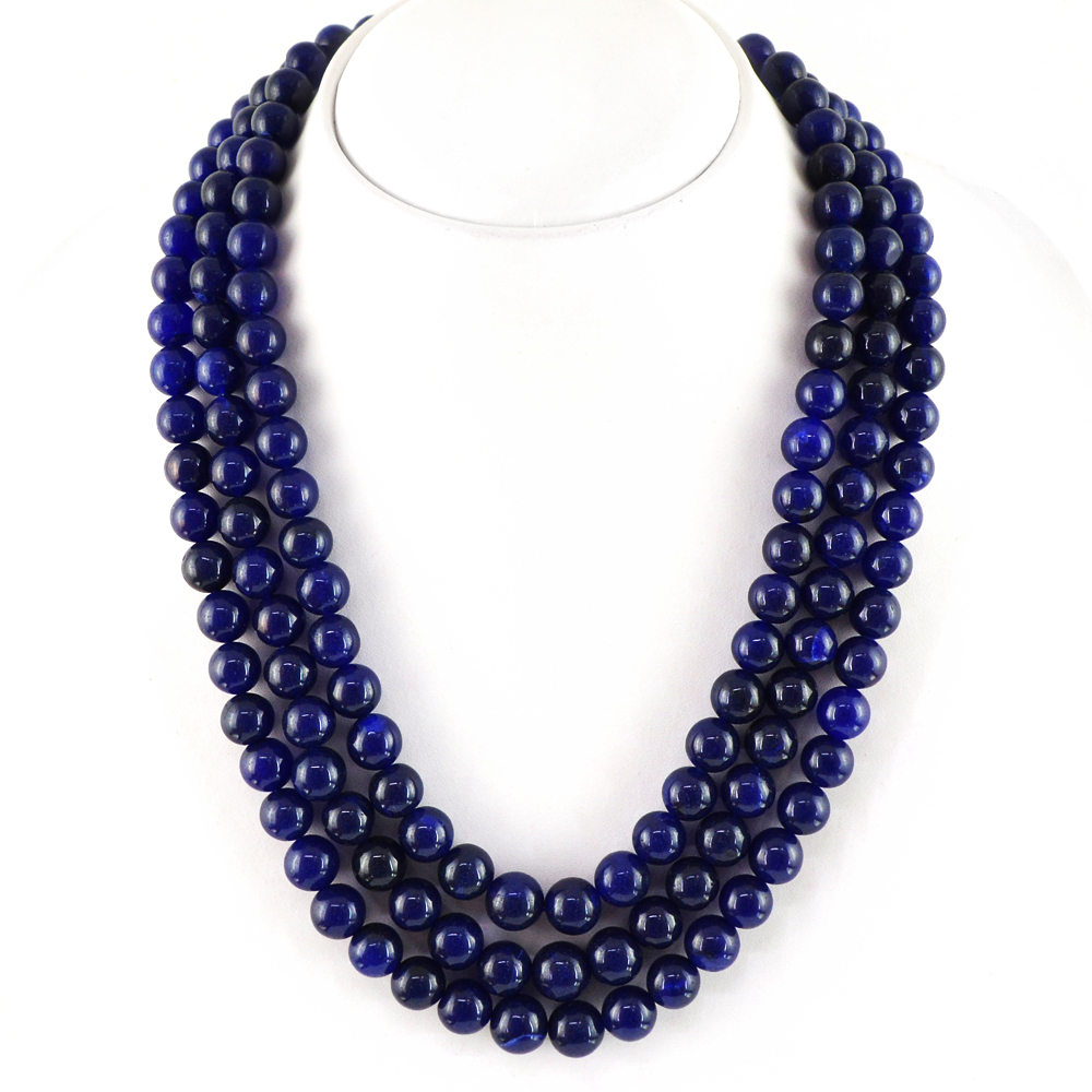 833.50 CTS EARTH MINED 3 LINE RICH BLUE SAPPHIRE ROUND SHAPE BEADS NECKLACE