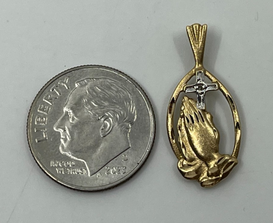Vintage 10k Solid Gold Praying Hands Delicate Pendant Diamond