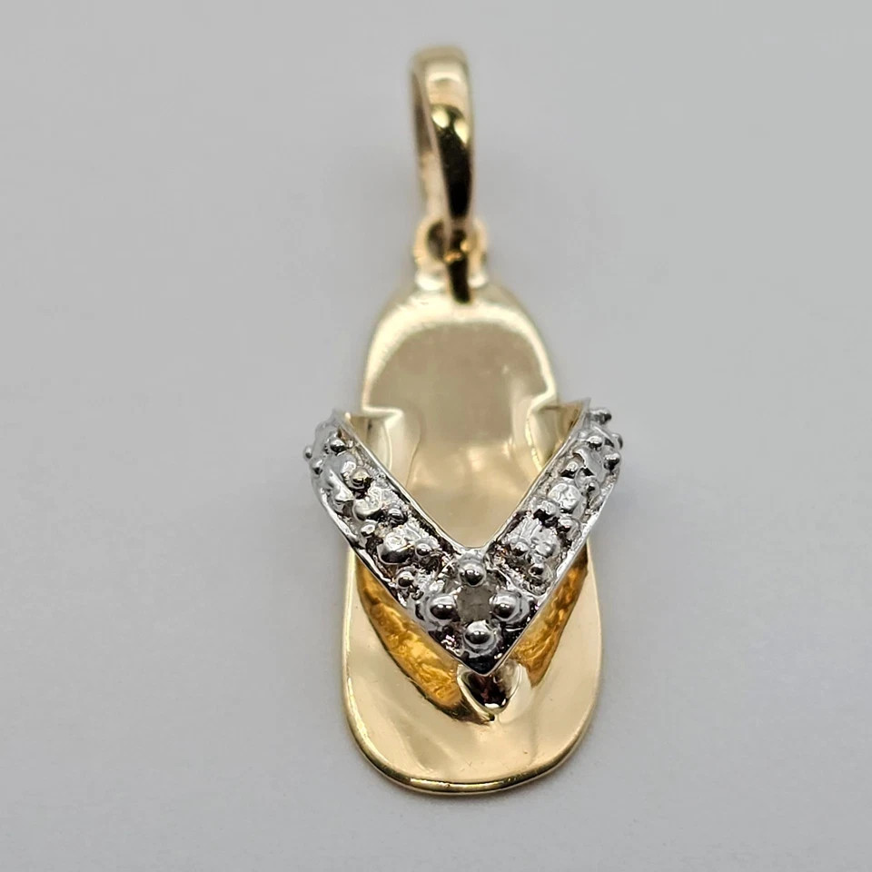 Solid 10K Yellow & White Gold Diamond Accent Flip Flop Shoe Pendant Charm .79g