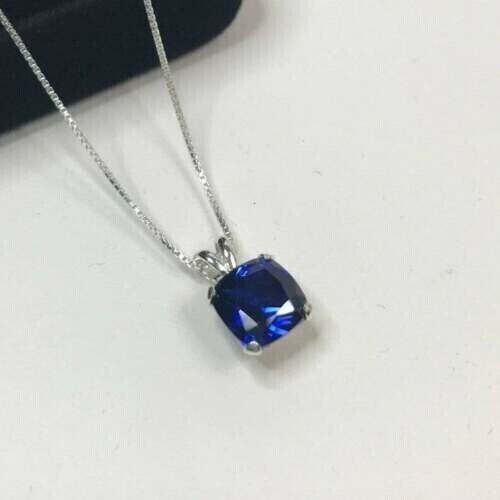 2Ct Cushion CutLab-Created Blue Sapphire Solitaire Pendant 14K White Gold Plated